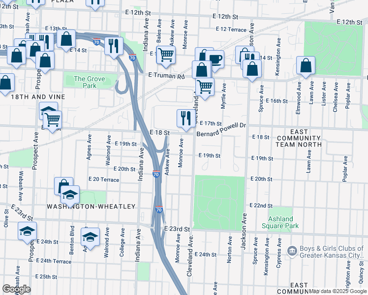 map of restaurants, bars, coffee shops, grocery stores, and more near 1813 Monroe Avenue in Kansas City