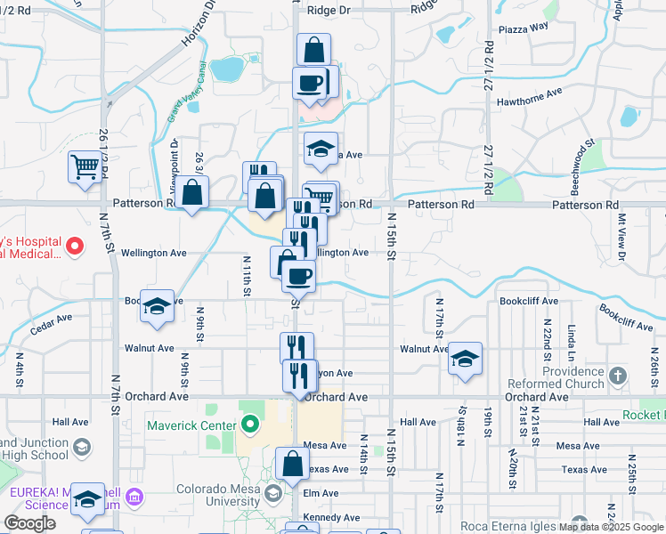 map of restaurants, bars, coffee shops, grocery stores, and more near 1313 Wellington Avenue in Grand Junction