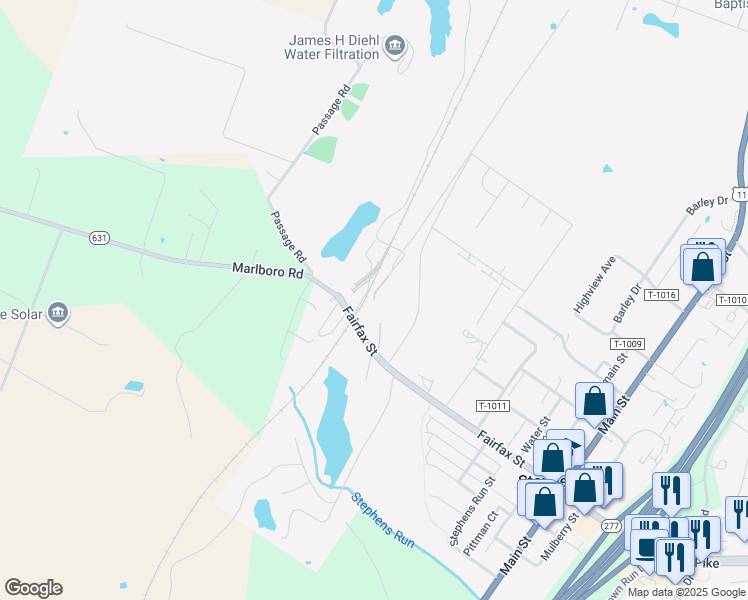 map of restaurants, bars, coffee shops, grocery stores, and more near Squirrel Lane in Stephens City