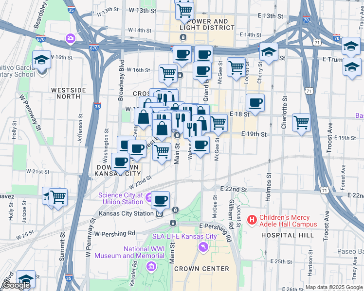 map of restaurants, bars, coffee shops, grocery stores, and more near 1908 Main Street in Kansas City