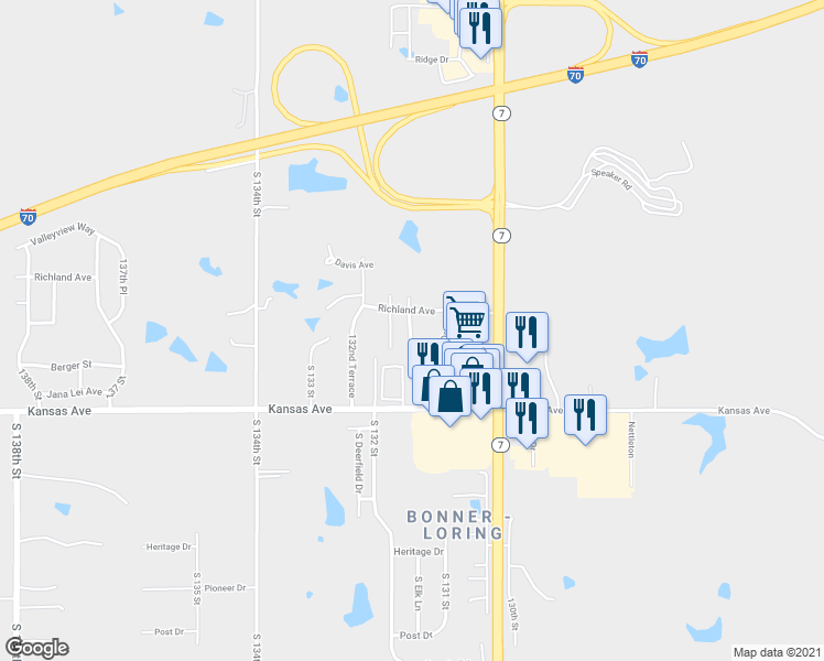 map of restaurants, bars, coffee shops, grocery stores, and more near 13131 Richland Avenue in Bonner Springs