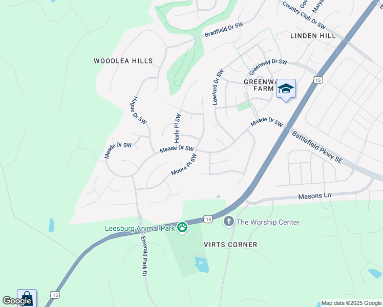 map of restaurants, bars, coffee shops, grocery stores, and more near 1337 Moore Place Southwest in Leesburg
