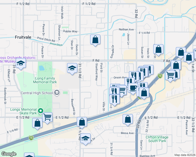 map of restaurants, bars, coffee shops, grocery stores, and more near 587 Stanford Way in Grand Junction