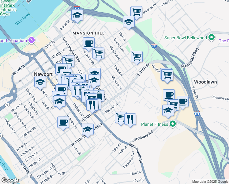 map of restaurants, bars, coffee shops, grocery stores, and more near 917 Boone Street in Newport