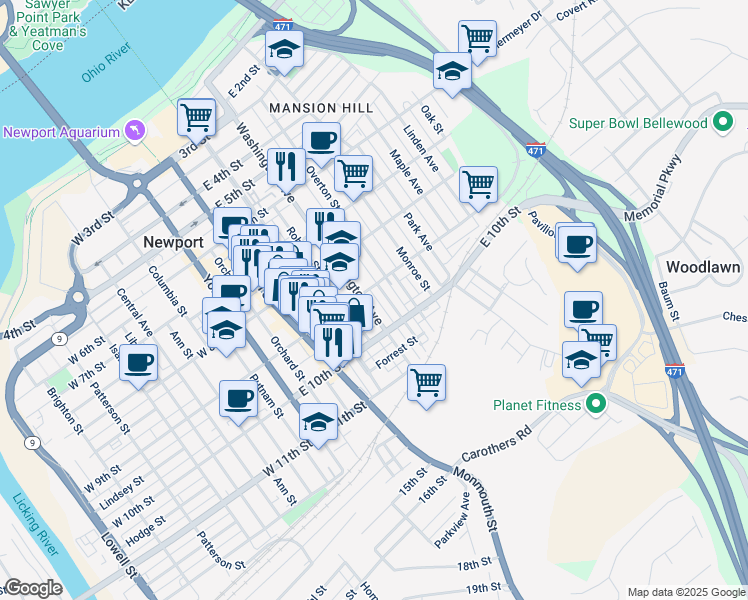 map of restaurants, bars, coffee shops, grocery stores, and more near 311 East 9th Street in Newport