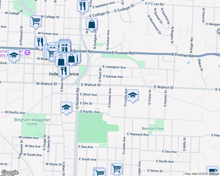 map of restaurants, bars, coffee shops, grocery stores, and more near 506 East Walnut Street in Independence