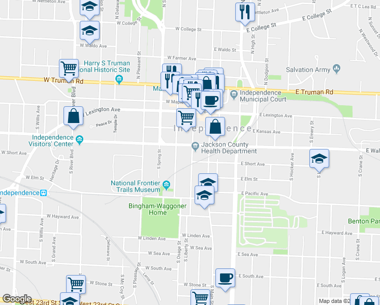 map of restaurants, bars, coffee shops, grocery stores, and more near 300 South Liberty Street in Independence
