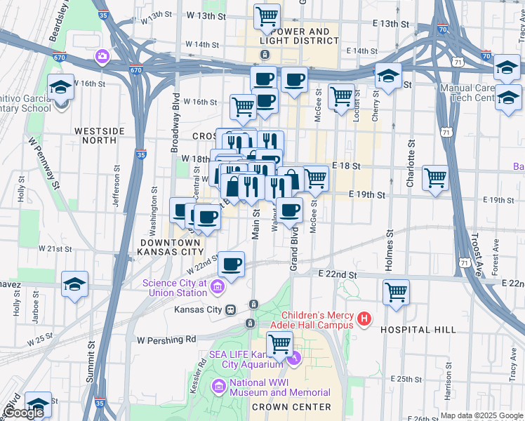 map of restaurants, bars, coffee shops, grocery stores, and more near 1908 Main Street in Kansas City