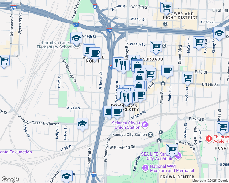 map of restaurants, bars, coffee shops, grocery stores, and more near 1827/2 Washington Street in Kansas City