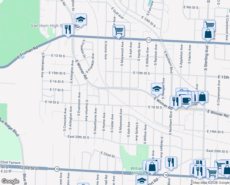 map of restaurants, bars, coffee shops, grocery stores, and more near 10115 1/2 East Winner Road in Independence