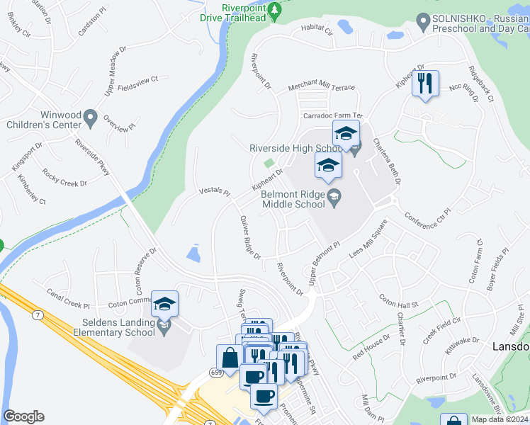 map of restaurants, bars, coffee shops, grocery stores, and more near 43519 Stargell Terrace in Leesburg
