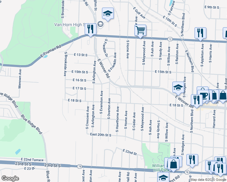 map of restaurants, bars, coffee shops, grocery stores, and more near 1 Hawthorne Place in Independence