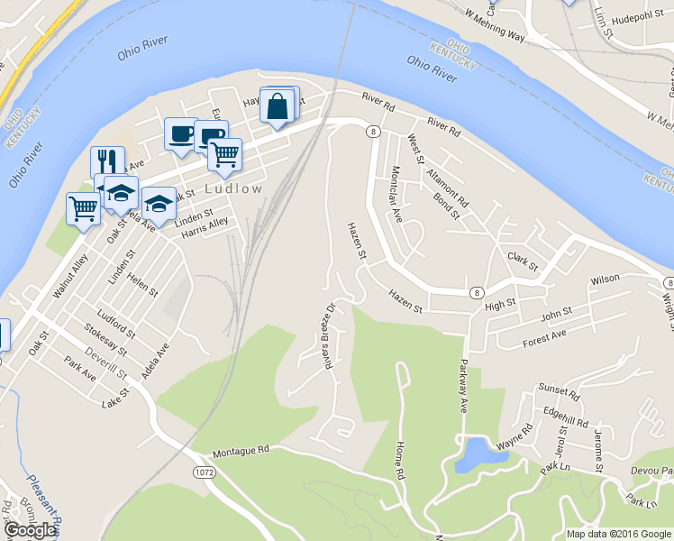 map of restaurants, bars, coffee shops, grocery stores, and more near 318 Eastview Court in Ludlow