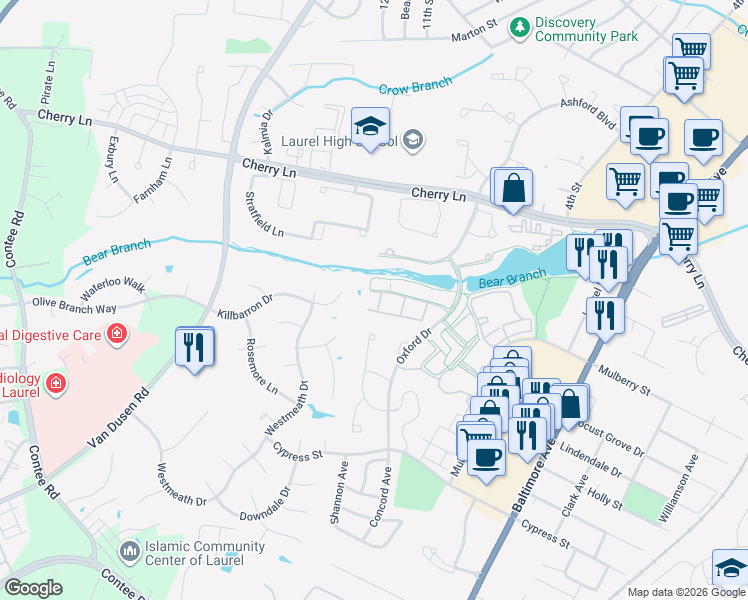 map of restaurants, bars, coffee shops, grocery stores, and more near 14308 Dover Court in Laurel