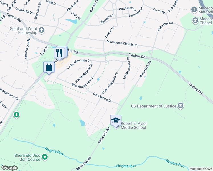 map of restaurants, bars, coffee shops, grocery stores, and more near 206 Chancellorsville Drive in Stephens City