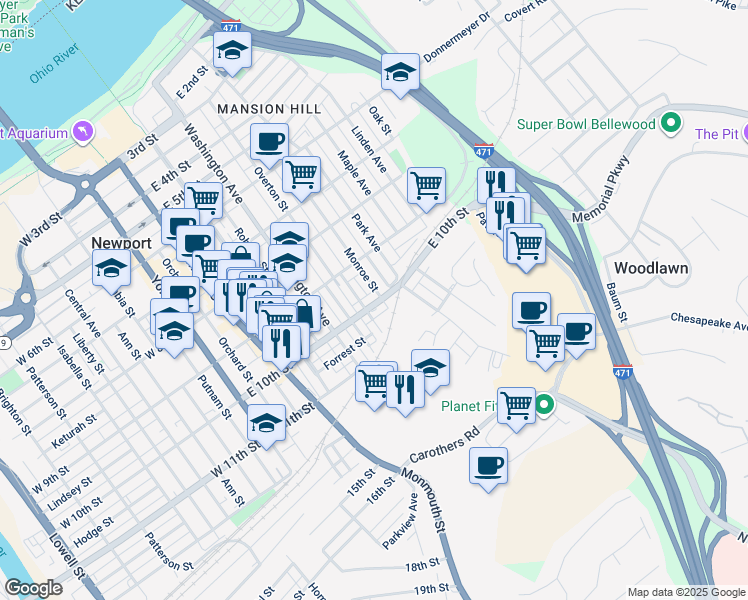map of restaurants, bars, coffee shops, grocery stores, and more near 937 Monroe Street in Newport