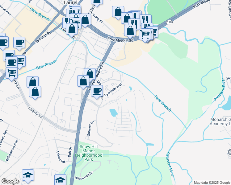 map of restaurants, bars, coffee shops, grocery stores, and more near 9420 Trevino Terrace in Laurel