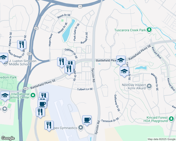 map of restaurants, bars, coffee shops, grocery stores, and more near 518 Red Raspberry Terrace Southeast in Leesburg