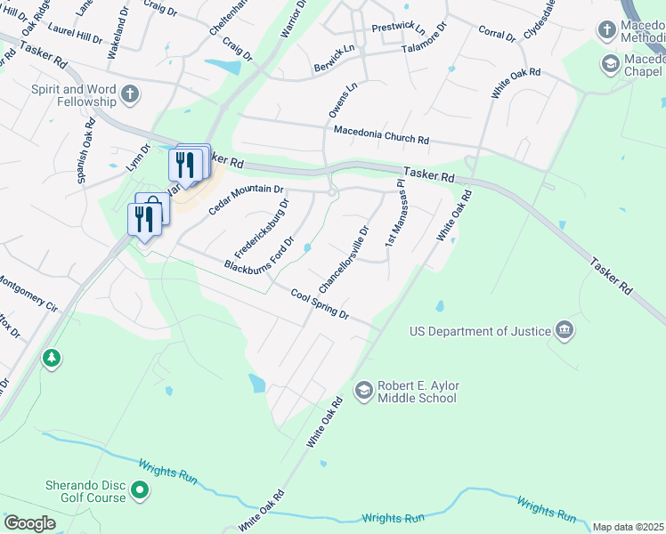 map of restaurants, bars, coffee shops, grocery stores, and more near 206 Chancellorsville Drive in Stephens City