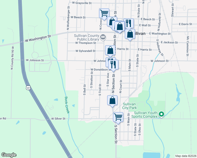 map of restaurants, bars, coffee shops, grocery stores, and more near 428-498 South Troll Street in Sullivan