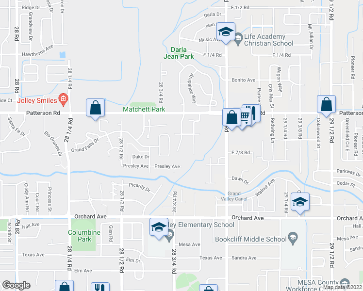 map of restaurants, bars, coffee shops, grocery stores, and more near 586 West Indian Creek Drive in Grand Junction