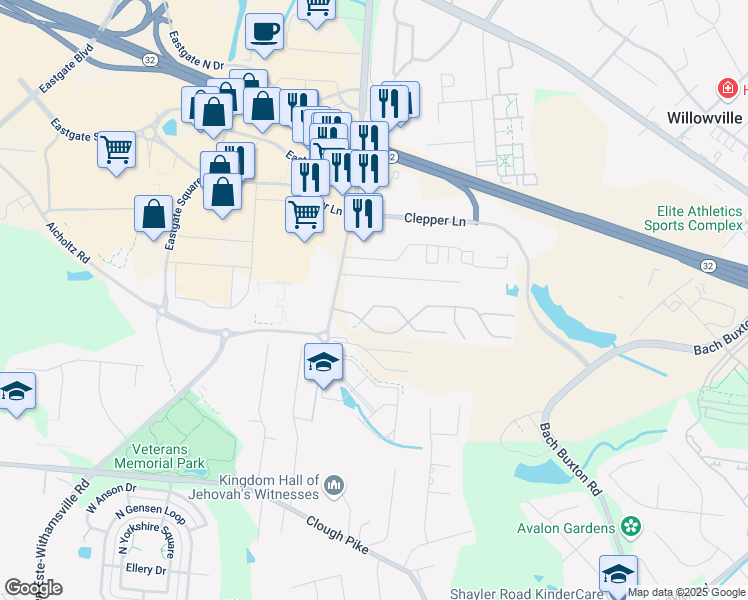 map of restaurants, bars, coffee shops, grocery stores, and more near 975 Burgoyne Drive in Cincinnati