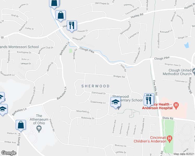 map of restaurants, bars, coffee shops, grocery stores, and more near 7155 Bridges Road in Cincinnati
