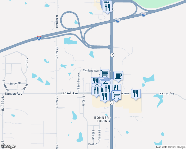 map of restaurants, bars, coffee shops, grocery stores, and more near 13125 Richland Avenue in Bonner Springs