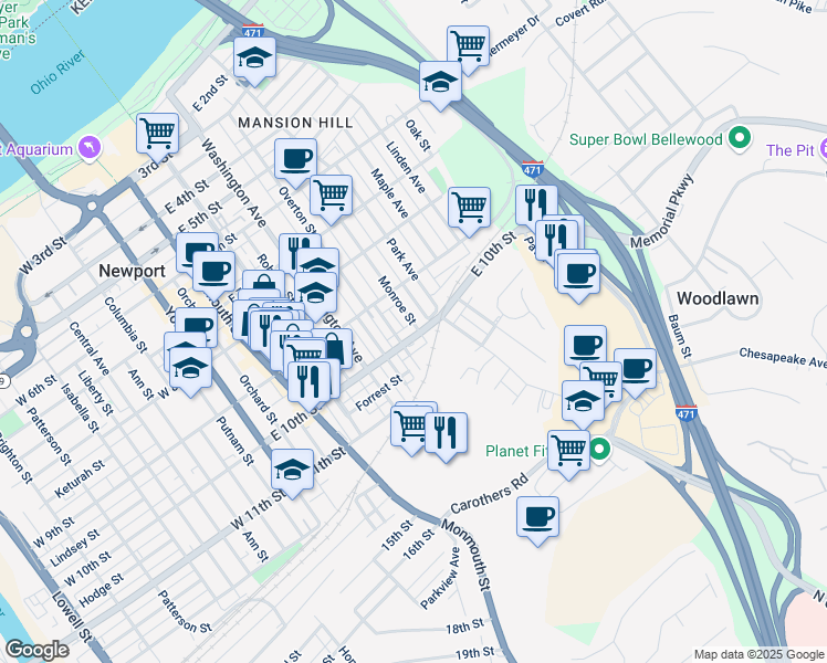 map of restaurants, bars, coffee shops, grocery stores, and more near 937 Monroe Street in Newport