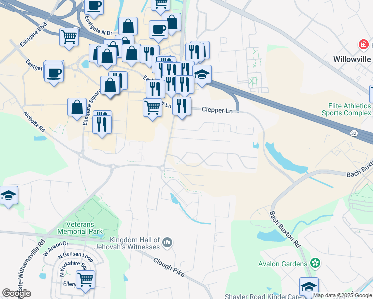 map of restaurants, bars, coffee shops, grocery stores, and more near 975 Burgoyne Drive in Cincinnati