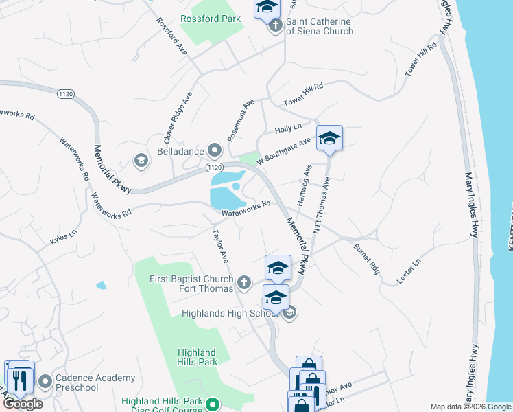 map of restaurants, bars, coffee shops, grocery stores, and more near 1409 Waterworks Road in Fort Thomas