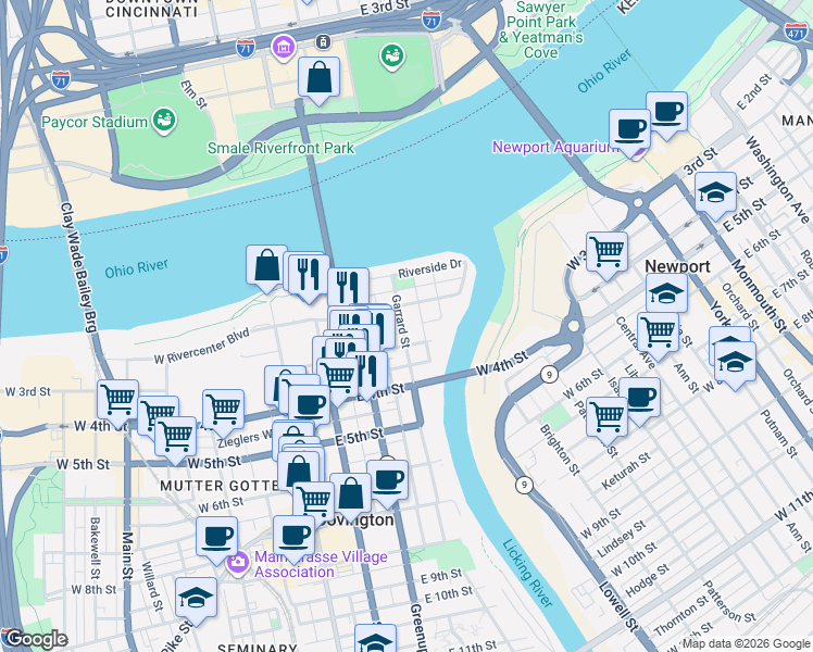 map of restaurants, bars, coffee shops, grocery stores, and more near 201 Garrard Street in Covington