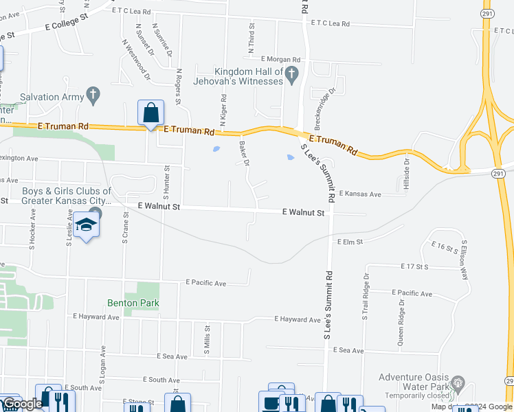 map of restaurants, bars, coffee shops, grocery stores, and more near 1448 Baker Drive in Independence