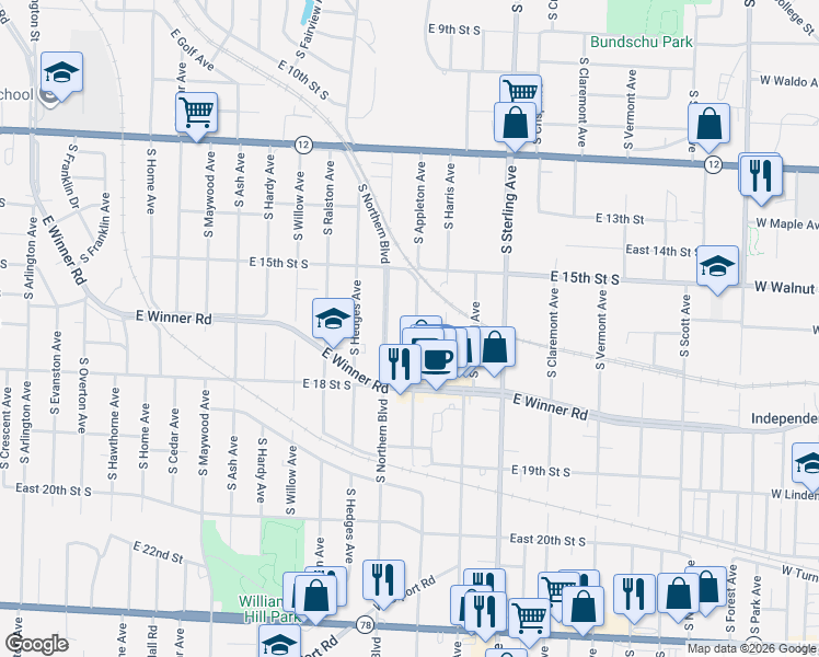 map of restaurants, bars, coffee shops, grocery stores, and more near 1523 South Appleton Avenue in Independence