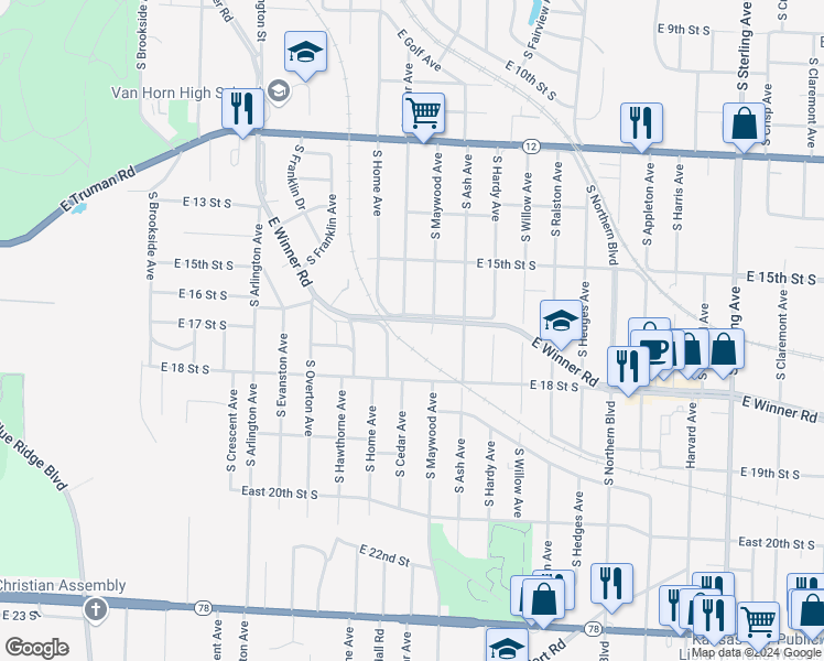 map of restaurants, bars, coffee shops, grocery stores, and more near 1536 South Maywood Avenue in Independence