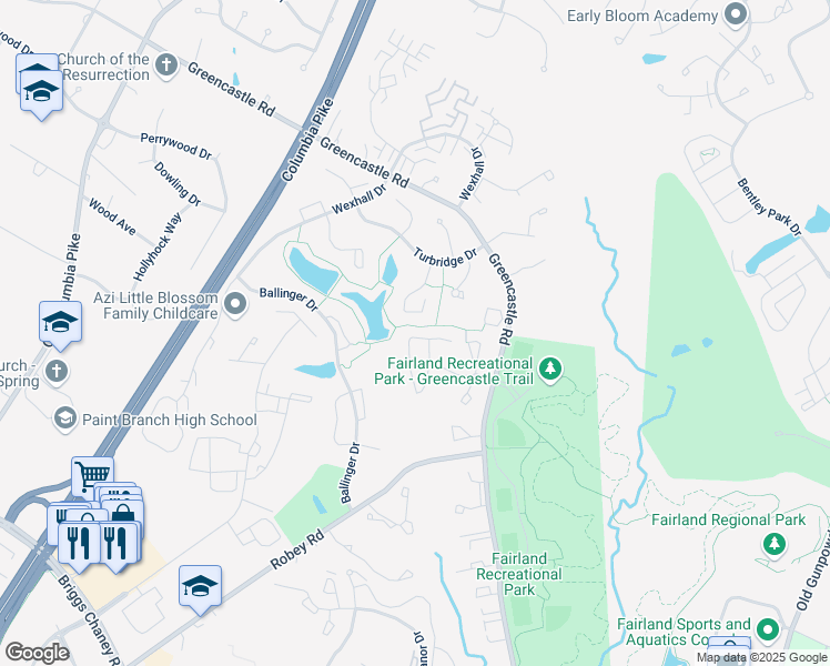 map of restaurants, bars, coffee shops, grocery stores, and more near 3838 Angelton Court in Burtonsville