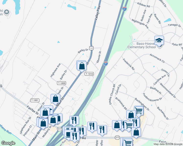 map of restaurants, bars, coffee shops, grocery stores, and more near 5077 Comer Drive in Stephens City