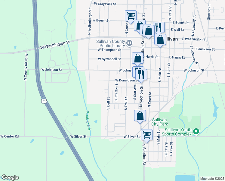 map of restaurants, bars, coffee shops, grocery stores, and more near 36 Maple Park Apartment in Sullivan