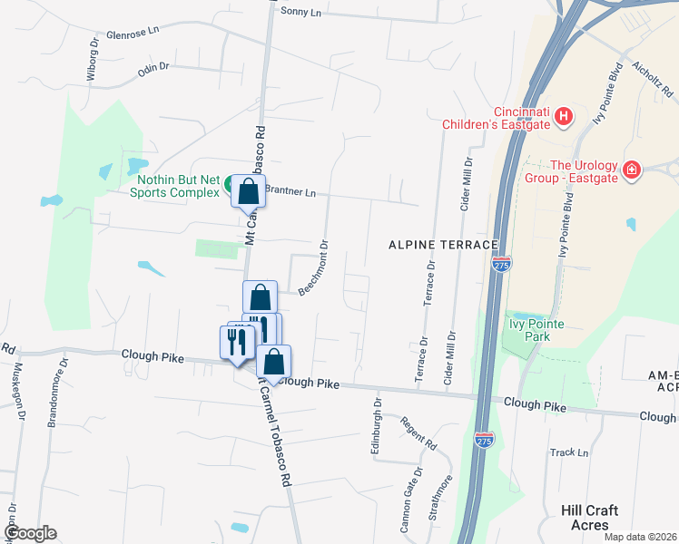 map of restaurants, bars, coffee shops, grocery stores, and more near 4312 Beechmont Drive in Cincinnati