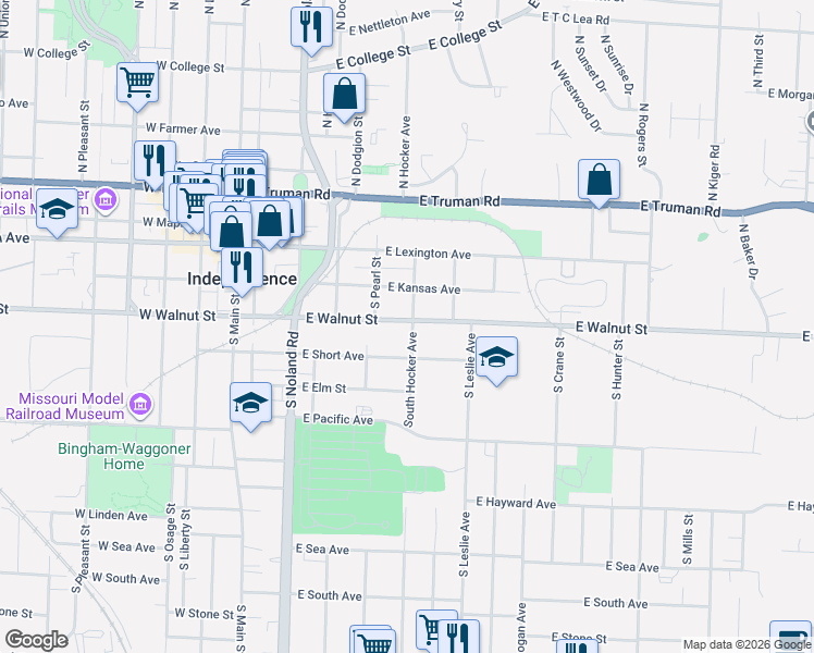 map of restaurants, bars, coffee shops, grocery stores, and more near 506 East Walnut Street in Independence
