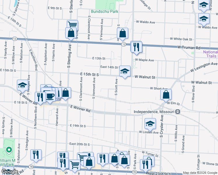 map of restaurants, bars, coffee shops, grocery stores, and more near 11500 East 16th Street in Independence