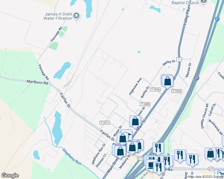 map of restaurants, bars, coffee shops, grocery stores, and more near 5241 Crooked Lane in Stephens City