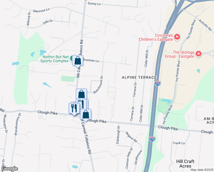 map of restaurants, bars, coffee shops, grocery stores, and more near 4312 Beechmont Drive in Cincinnati