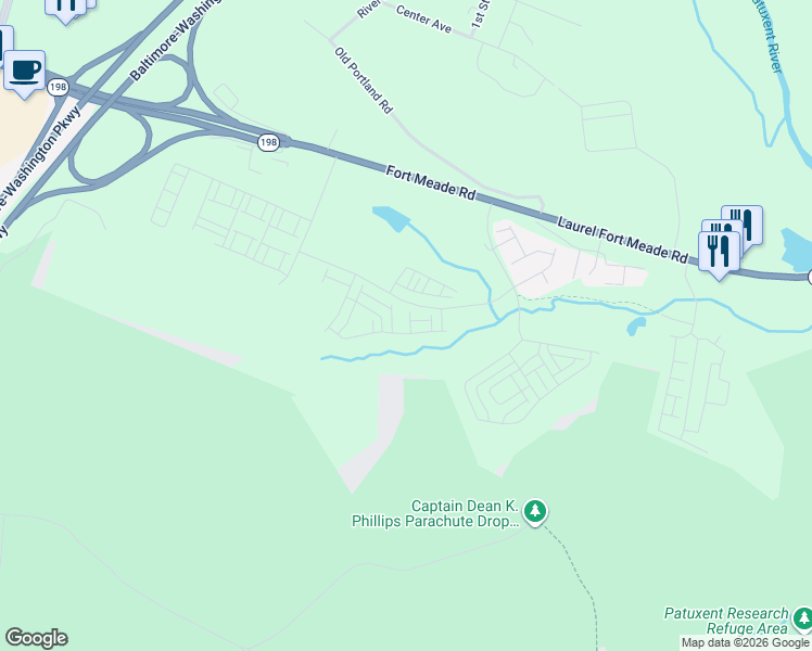 map of restaurants, bars, coffee shops, grocery stores, and more near 303 Benthic Lane in Laurel