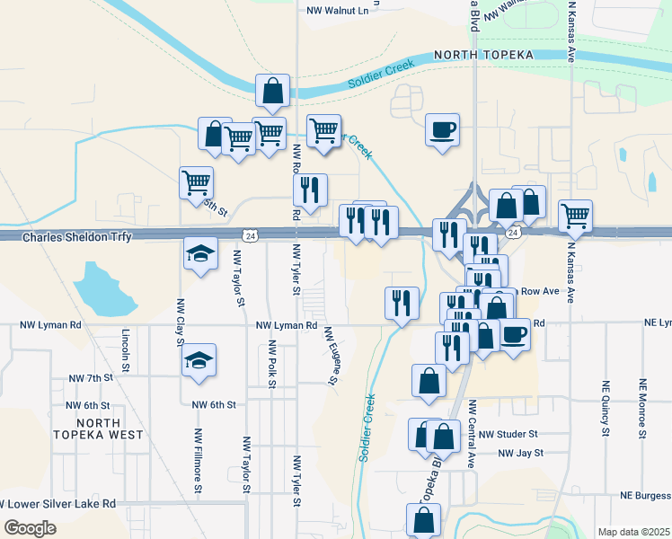 map of restaurants, bars, coffee shops, grocery stores, and more near 2240 Northwest Tyler Street in Topeka