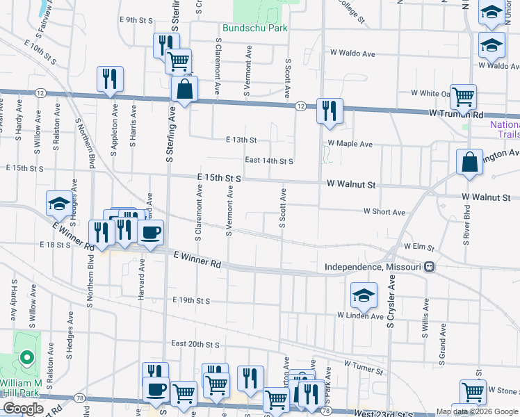 map of restaurants, bars, coffee shops, grocery stores, and more near 11500 East 16th Street in Independence