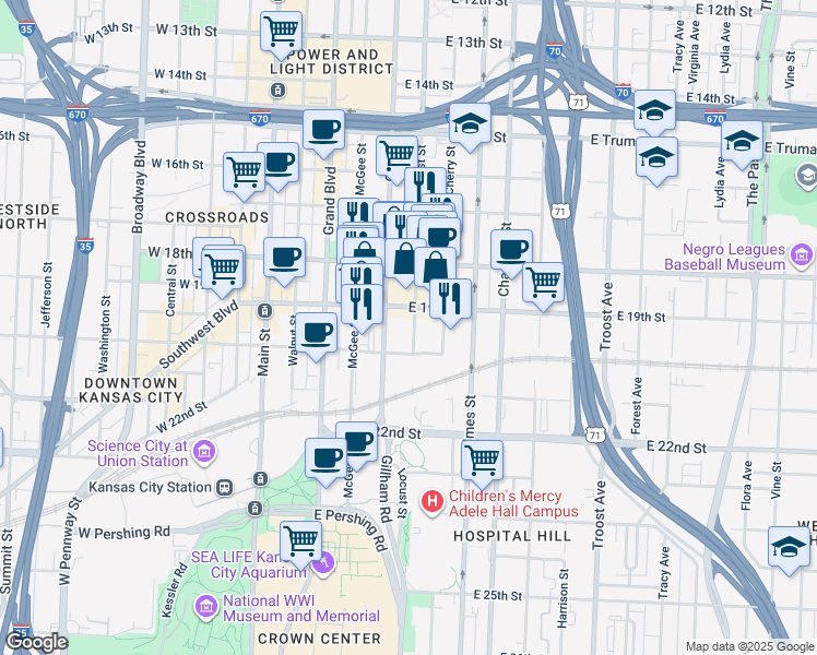 map of restaurants, bars, coffee shops, grocery stores, and more near 1918 Locust Street in Kansas City