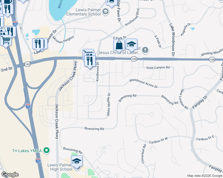map of restaurants, bars, coffee shops, grocery stores, and more near 17777 White Marble Drive in Monument