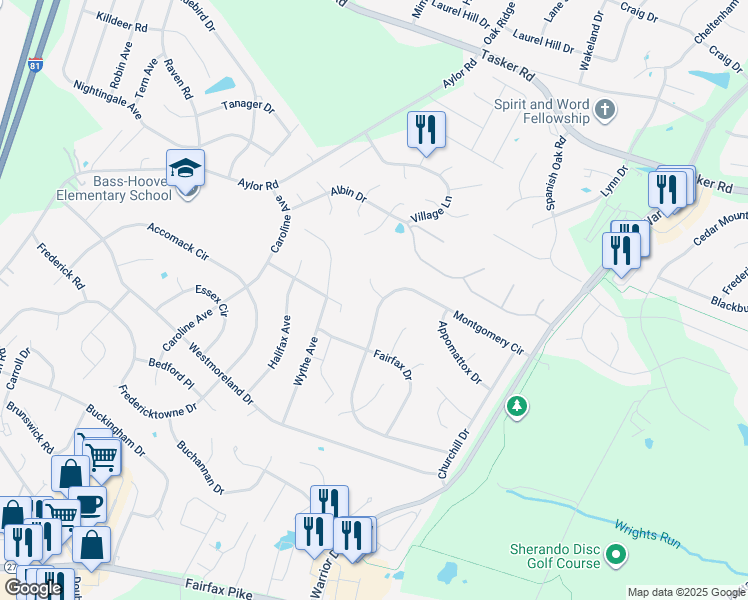 map of restaurants, bars, coffee shops, grocery stores, and more near 101 New Kent Court in Stephens City