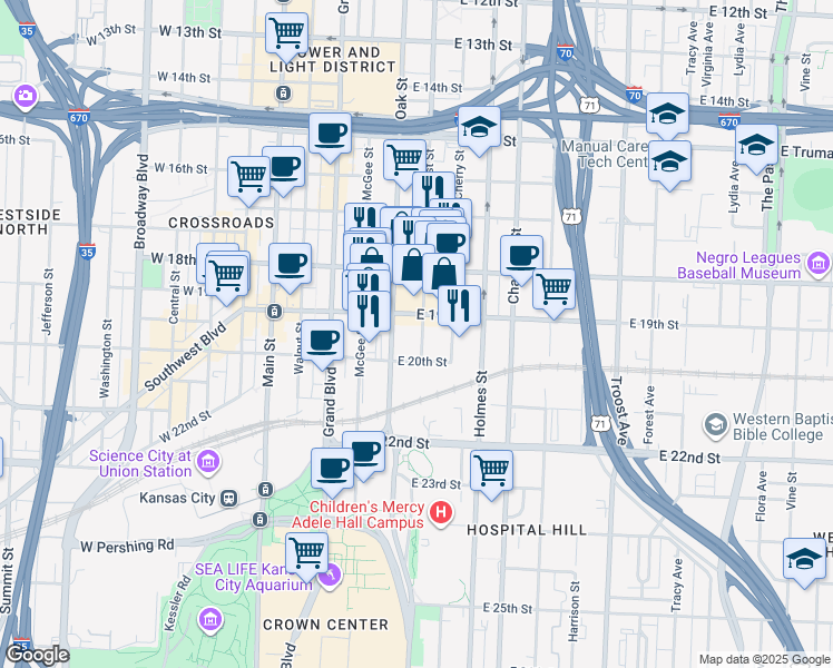 map of restaurants, bars, coffee shops, grocery stores, and more near 1918 Locust Street in Kansas City